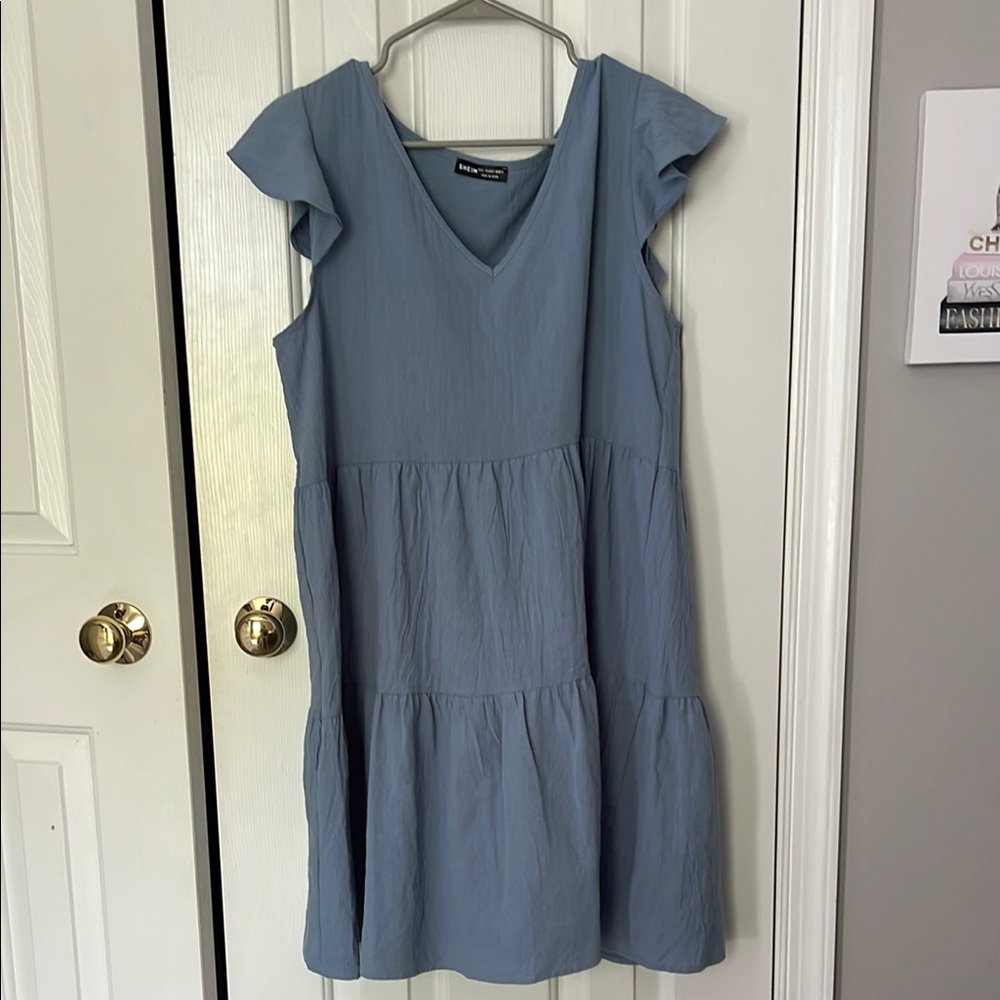 Shein Blue V-Neck Tiered Dress